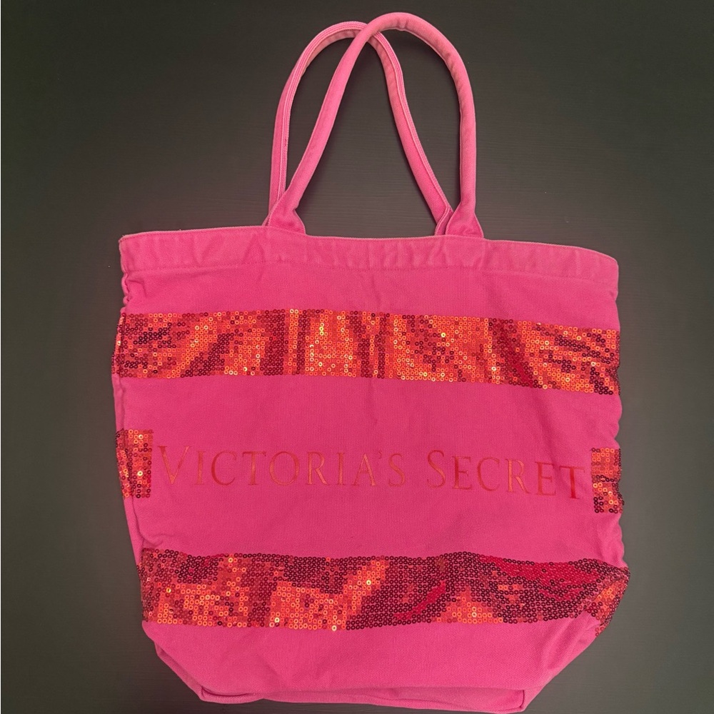Victoria's Secret Vibrant Pink Canvas Tote with Red Sequins